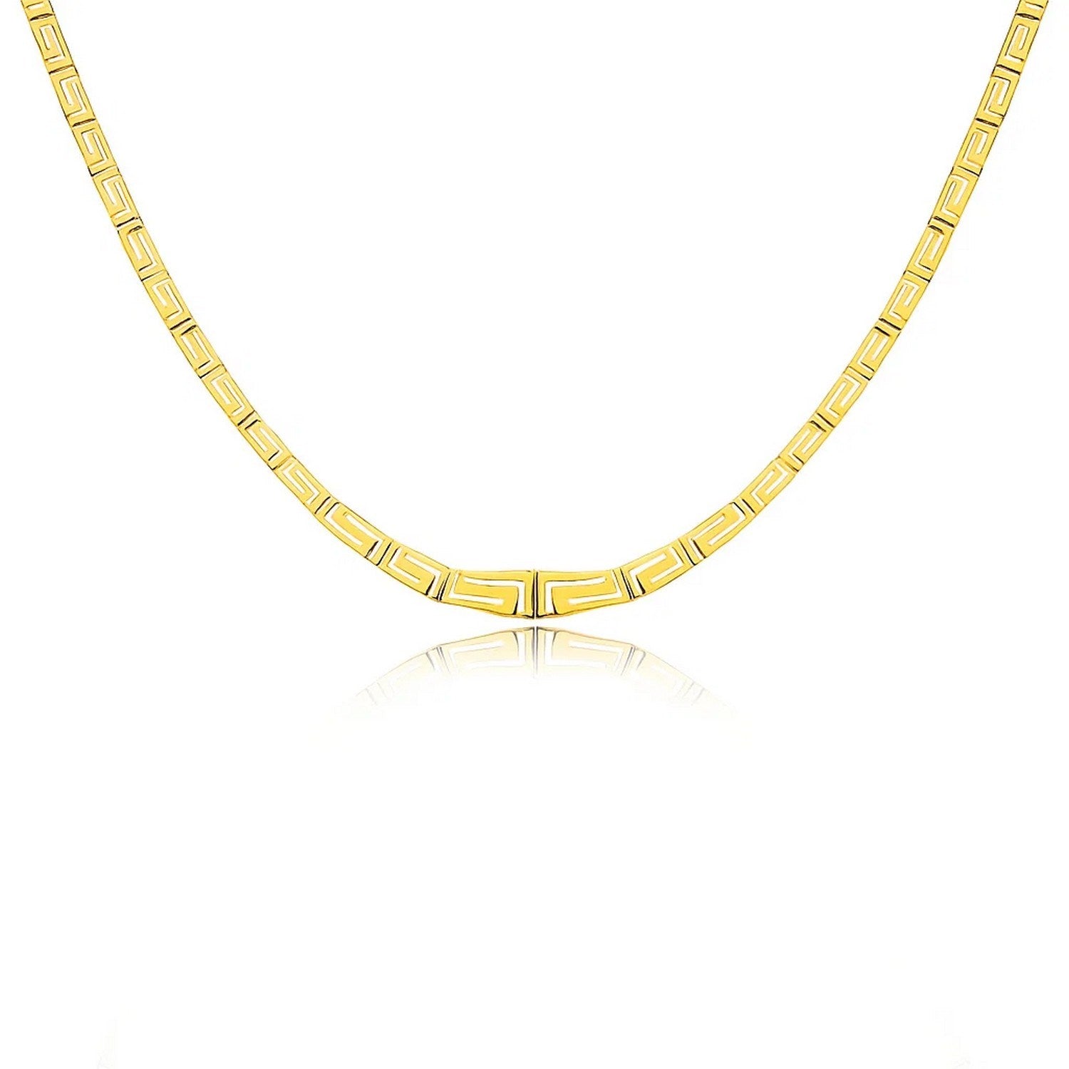 14K Yellow Gold Necklace with Graduated Greek Meander Motif Links in a sleek high-contrast midnight luxury editorial style